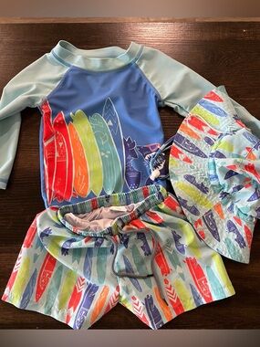 Kids Rash Guard Swim Set with Surfboard Print - Multi Blue
